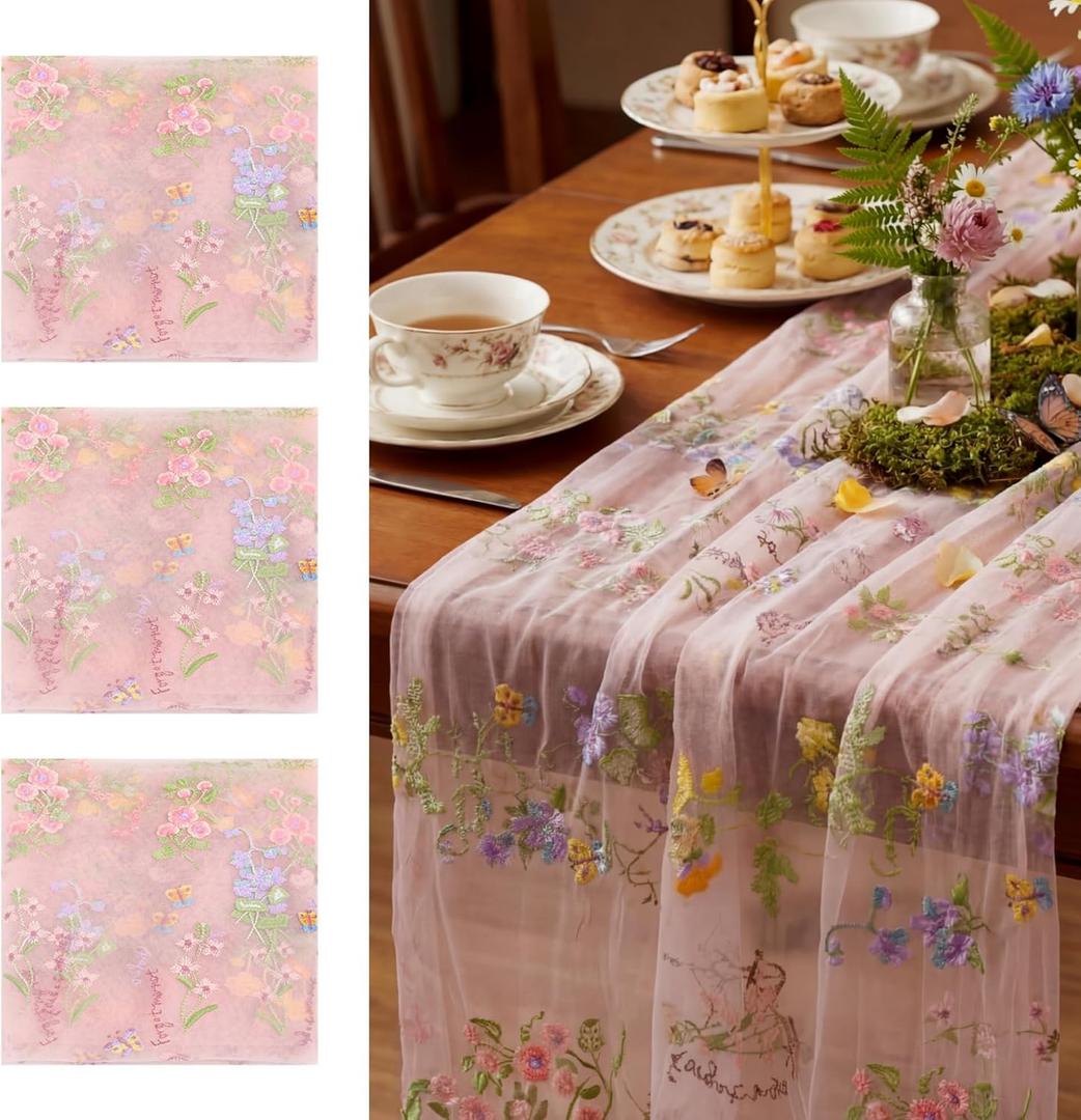 Pink Floral Table Runner 10ft Embroidery Tulle Spring Wildflower Table Runner Seasonal Summer Butterfly Kitchen Dining Gauze Decoration for Wedding Baby Shower Birthday Party (3 Pcs)