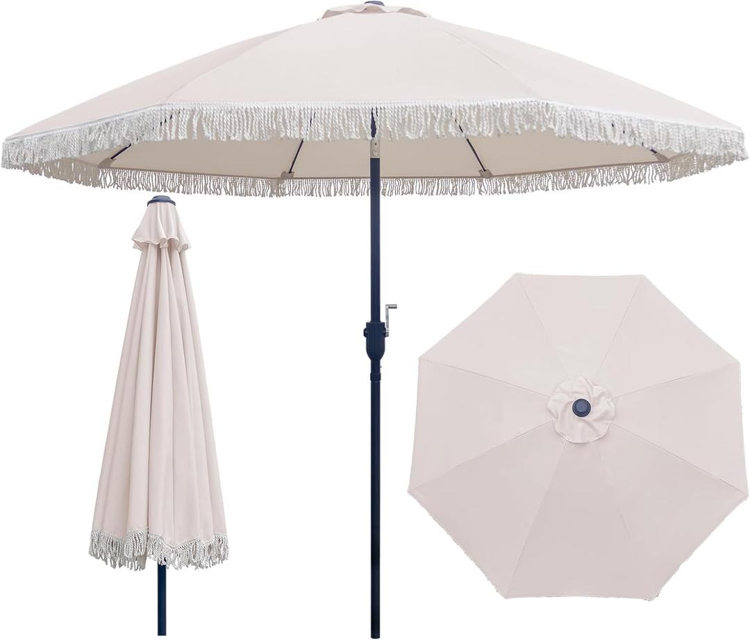 9FT Patio Fringe Umbrella, Table Umbrella with Tassel, Beige