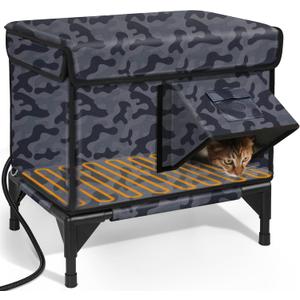 Indestructible Heated Cat House for Outside Winter, 100% Waterproof, Safe Escape Door, Insulated Outdoor Cat Shelter with Heater for Feral Barn Cat Kitty (Black Camouflage, 12"x16"x18")
