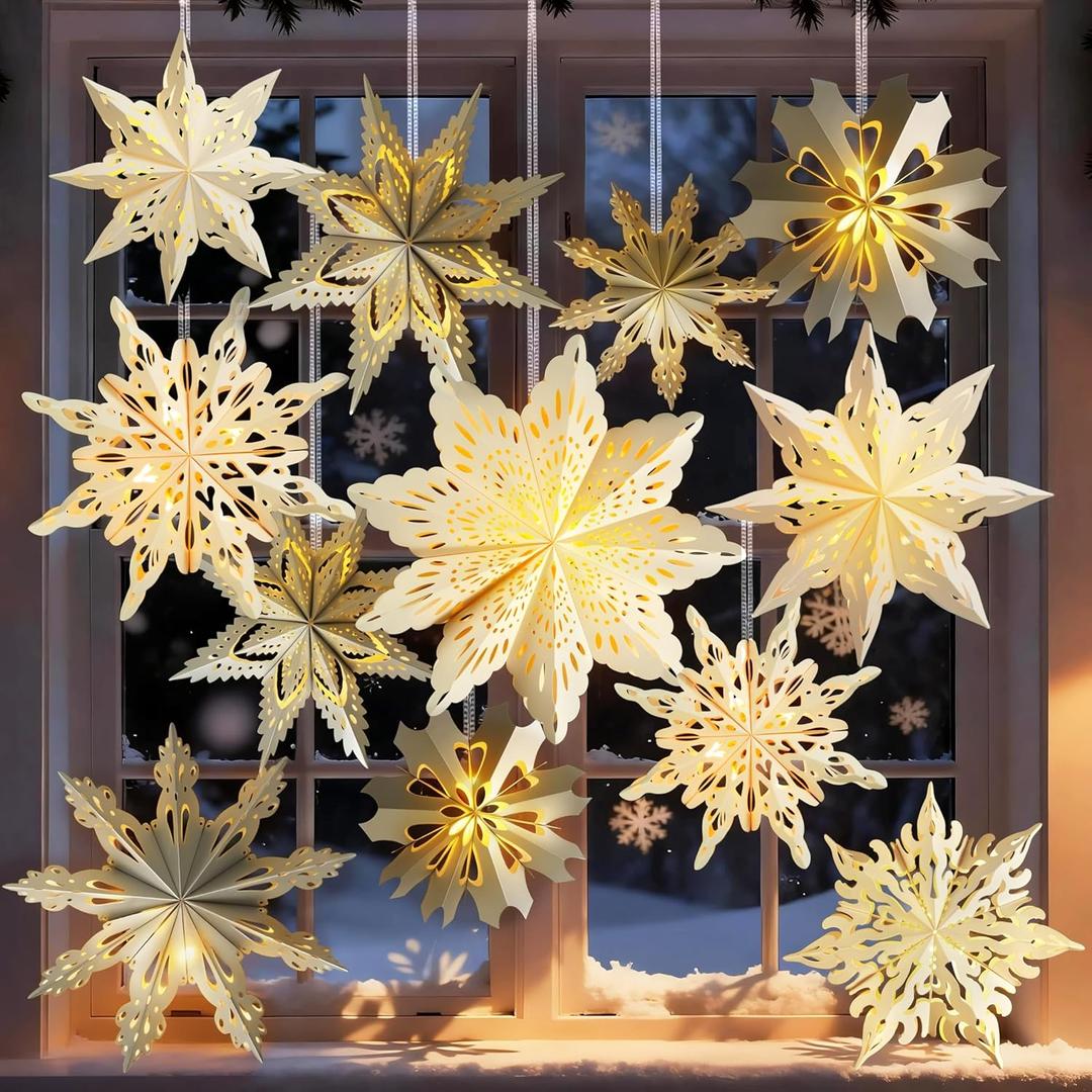 12 Pcs Christmas Paper Snowflake Lanterns, 3D Christmas Paper Star Lanterns with LED Lights, 10/12 Inch White Silver Hanging Snowflake Lamps for Xmas Winter Frozen Weddings New Year Party Decorations