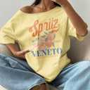 SOLY HUX Women's Off The Shoulder Graphic Tees Oversized Tops Short Sleeve Drop Shoulder Summer Baggy Tshirts Yellow Letter, Large