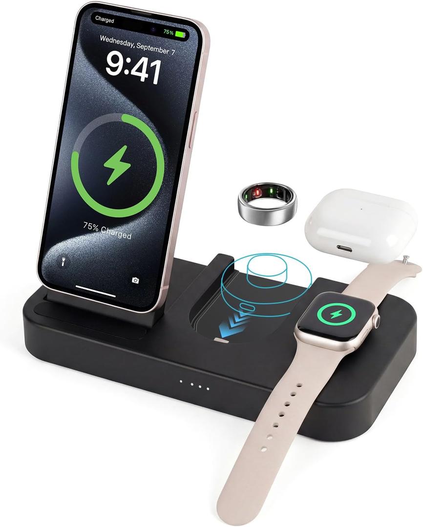 4 in 1 Charging Station for Oura Ring Gen 3 Charger (Oura Ring Charger NOT Included), 15W Fast Magnetic Charger for iPhone, Apple Watch, AirPods, Wireless Charger for Samsung Galaxy