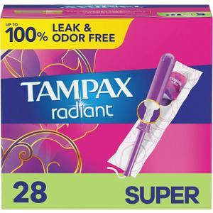 Tampax Radiant Tampons, Super Absorbency, With Leakguard Braid, Unscented, 28 Count, (Pack of 1)
