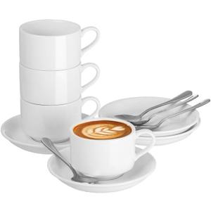 Stackable Espresso Cups and Saucers Set with Stainless Steel Spoons for 4, 2.5oz Ceramic Demitasse Cups, Durable Porcelain Coffee Cups for Hot Drinks, Tea, Gifts-White (Small)
