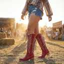 Uillnoodu Wide Calf Cowboy Boots Women Adjustable Lace Up Knee High Tall Plus Size Cowgirl Boots Western Style Comfortable 2-Inch Heel 10W