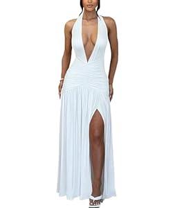 Ekaliy Women's Sexy Halter Deep V Neck Maxi Dress Sleeveless Backless High Slit Ruched Long Dress Summer Party Cocktail Dress (White)