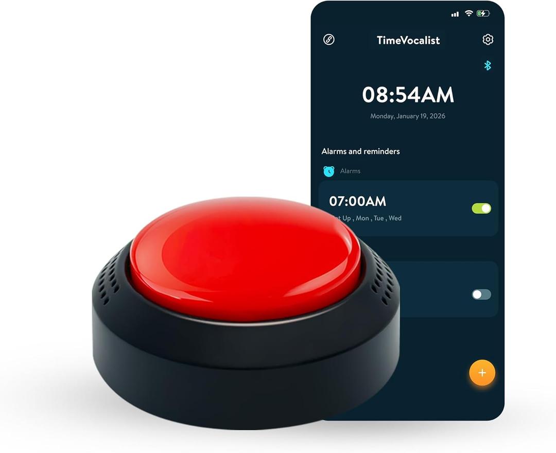 TimeVocalist Extra Large Talking Alarm Clock Button,One-Touch Use and Optional App for Easy Multi-Alarm and Reminders Prompt Setting – Ideal for Visually Impaired or Dementia Care