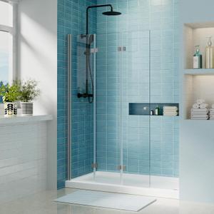 Shower Door, 43" W x 72" H, 1/4" Tempered Glass with Easy Clean Coating and Shatterproof Film, Reversible Frameless 3-Panel Folding Shower Glass Door, Brushed Nickel