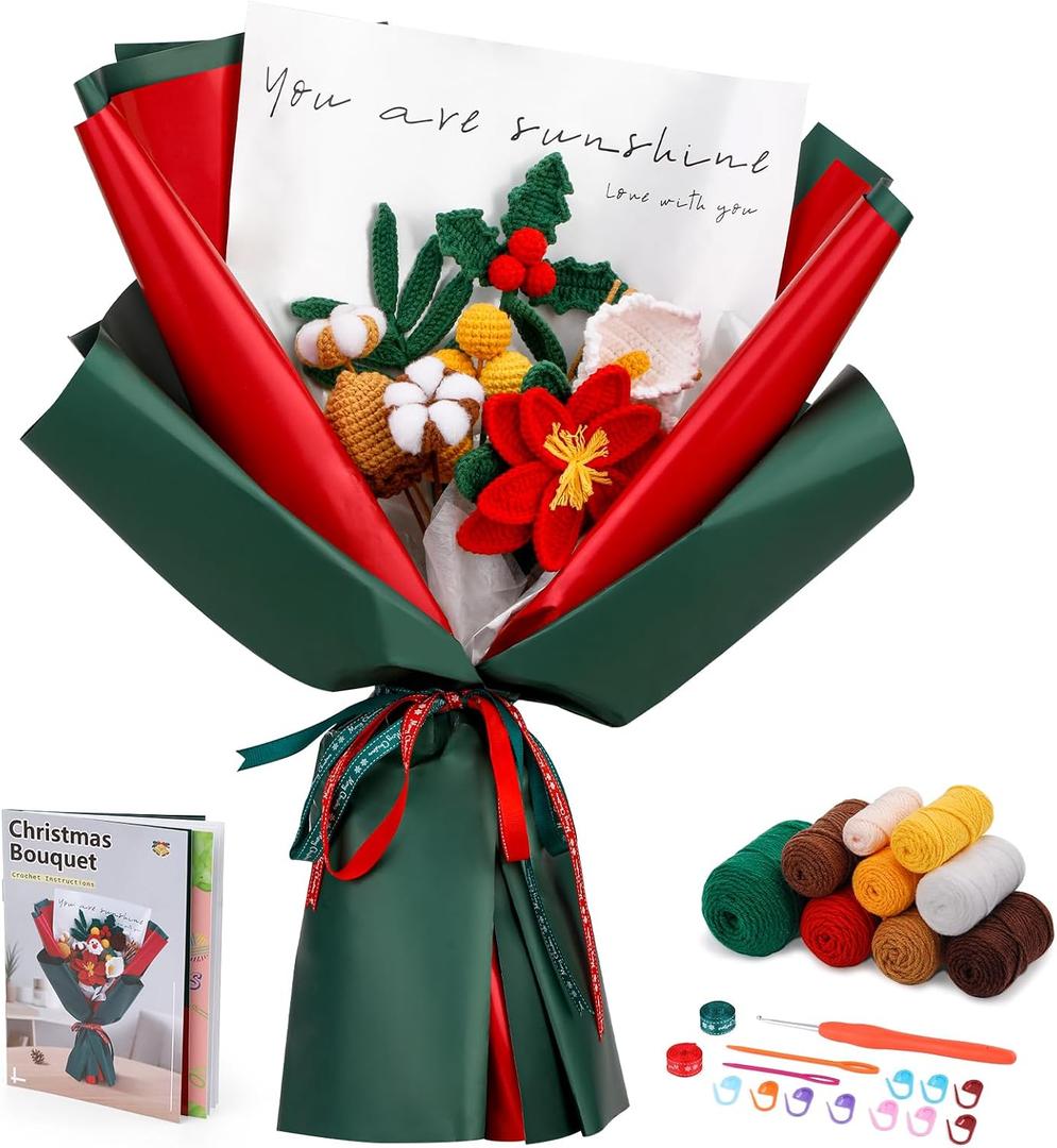 Pnytty Crochet Kit for Beginner Adults, Flower Bouquet Crochet Starter Kit with Step-by-Step Video Tutorials Knitting Kit for Mothers Day, Holiday, Home Decor, Anniversary Day Present