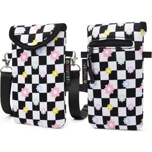 Neoprene Cell Phone Sleeve Pouch Case Bag with Crossbody Strap Lanyard for Women, Flap Closure Secure Cell Phone Bag with Pocket for Cards, Cash. (Checkerboard&Daisy)