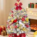 MARTINE MALL 2FT Small Christmas Tree with 30 LED Lights, Snowy Flocked Mini Christmas Tree Artificial Tabletop Xmas Trees with Cardinal Birds Red Bow Star Hanging Ornaments for Table Desk Small Space
