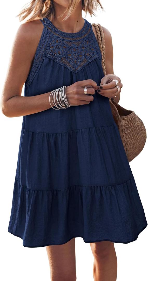MASCOMODA Summer Halter Mini Beach Dresses for Women 2025 Vacation Casual Sleeveless Hollow Out A Line Party Short Sundresses (Medium)