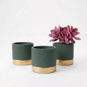 3-Pcs 4 Inch Cement Planters Set - Vintage Ribbed Flower Pots with Gold Rim and Drainage Holes, Modern Ceramic Succulent Pots, Small Plant Containers for Home, Office, Desk Decor, Green