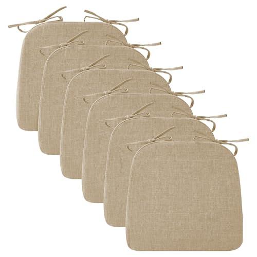 Ruqmuis Chair Cushions for Dining Chairs, 2" Thick Seat Cushions for Kitchen Chairs, D-Shaped Chair Pads with Washable Cover, Ties and Non Slip Backing, 17'' x 16'', Set of 6, Khaki