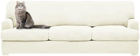 molasofa T Cushion Sofa Slipcovers with 3 Individual T Shape Seat Covers for Home Décor, 4 Pieces Stretchable, Washable, Non-Pilling, Non-Slip T Cushion Slipcover (Oversized Sofa,Ivory)