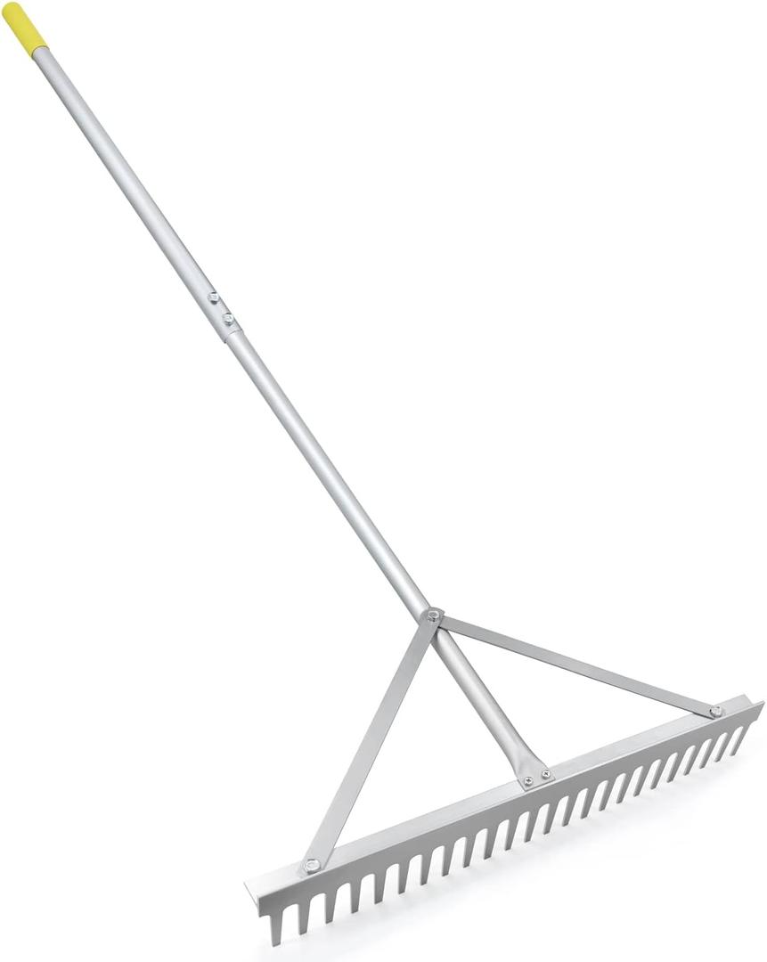 Landscape Rake - 24Tines, Aluminum Head with 68" Handle, 24" Width for Beach & Lawn Care