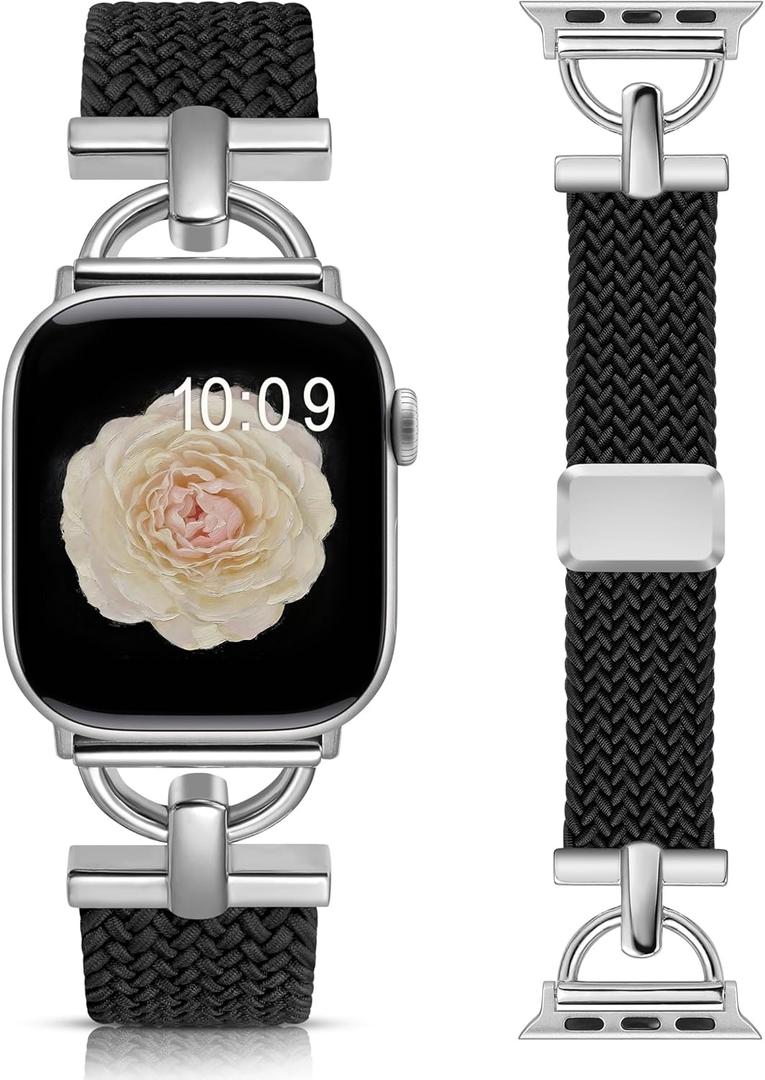 Wearlizer Braided Magnetic Band Compatible with Apple Watch Bands 42/46/38/40/41/44/45/49mm Women Men, Designer D-Shape Stretchy Elastic Nylon Strap for iWatch Series 11 10 9 8 7 6 5 4 SE/Ultra 3 2 1 (Black/Silver)