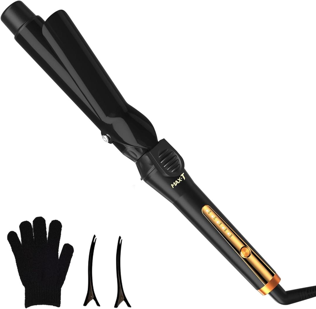 1.25 Inch Ceramic Tourmaline Curling Wand - Dual Voltage Hair Curler for Long-Lasting Curls & Waves with 5 Heat Settings, Heat-Resistant Glove & Clips Included
