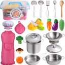Juboury Kitchen Pretend Play Toys with Stainless Steel Cookware Pots and Pans Set, Cooking Utensils, Apron & Chef Hat, Cutting Vegetables for Kids, Girls, Boys, Toddlers