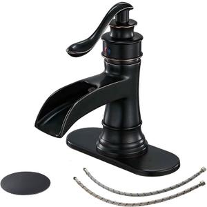 BWE Oil Rubbed Bronze Bathroom Sink Faucet with 1.2 GPM Flow Rate Waterfall Vanity Sink Faucet Single Handle Mixer Tap with Pop Up Drain Stopper Assembly Water Supply Hose