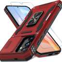 DEERLAMN Case for Samsung Galaxy S24 6.2-Inch with Slide Camera Cover+Screen Protector(1 Pack), Rotated Ring Kickstand Military Grade Shockproof Protective Cover-Red