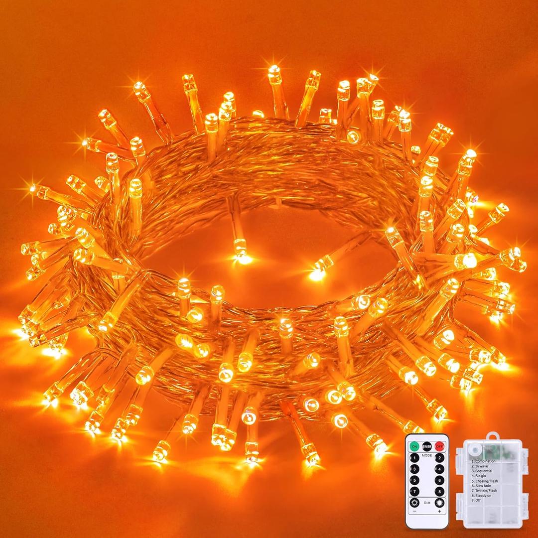 JMEXSUSS 33ft 100 LED Orange Christmas Lights, Battery Operated Christmas Lights, Orange String Lights with Remote Indoor Outdoor Waterproof for Fall Xmas Decorations