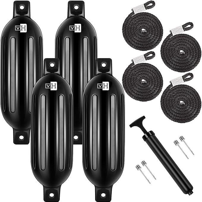VIVOHOME Vinyl Ribbed Boat Fenders 4 Pack, Boat Bumpers with Ropes, Needles, and Pump to Inflate Fit for Yachts, Sailing Dinghies, Bass Boats, Black (6.5 Inch x 24 Inch)