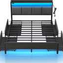 Rolanstar Bed Frame Full Size with Charging Station and LED Lights, Upholstered Storage Headboard with Drawers, Heavy Duty Metal Slats, No Box Spring Needed, Noise Free, Easy Assembly, Dark Grey