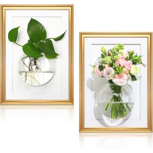 Chunful 2 Set Wall Hanging Planter Propagation Station with Wood Picture Frame and Glass Flower Vase for Hydroponics Plants Home Office Bathroom Living Room Decor