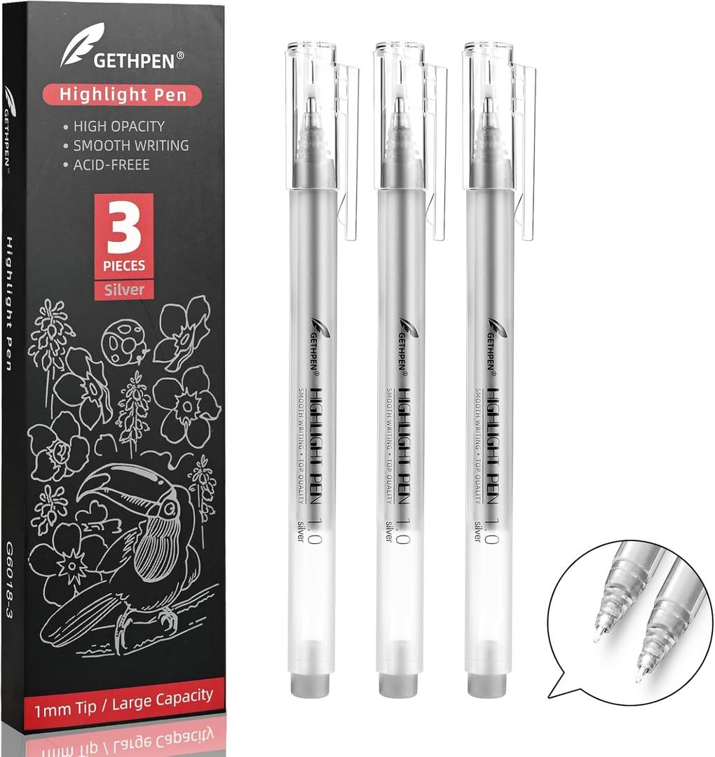 Silver Gel Pens, 3 Pack, 1mm Extra Fine Point Gel Ink Pen, Opaque White Archival Ink Pens for Black Paper Drawing, Sketching, Card Making (1.0mm)