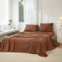 JIYUAN 100% Washed Cotton Sheet Set 4 Pieces King,1 Fitted Sheet,1 Flat Sheet and 2 Pillowcases,Comfy and Breathable Linen Like Bedding Set,Burnt Orange