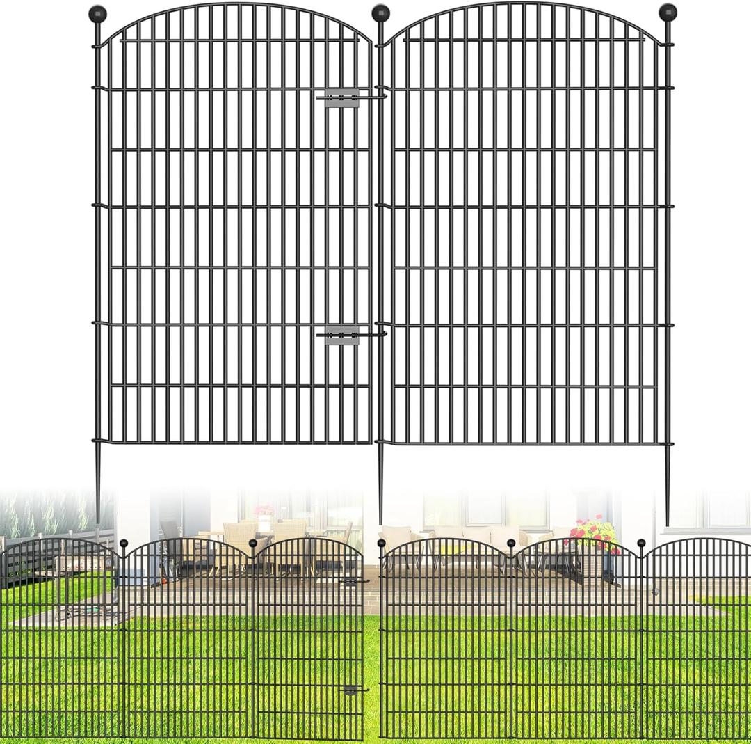 No Dig Decorative Garden Fence 4 Panels with Gate, 48 in (H) x 10.4 ft (L), Dog Fence Outdoor for YardRustproof Metal Animal Barrier Ground Stakes Fencing for Garden, Patio, Flower Bed