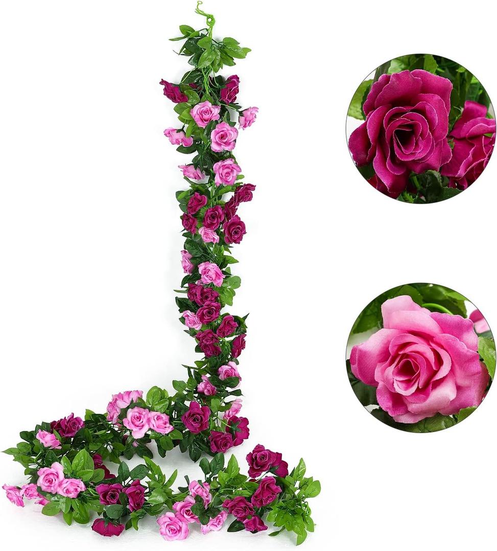 JUSTOYOU 2 Pack (15.8FT) Fake Rose Garland, Artificial Rose Vines Flowers Hanging Silk Rose Vine Wedding Home Backdrop Party Arch Arrangement Decoration (Fuchsia)