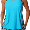Summer Mae Blouson Tankini Swimsuits for Women 2026 Tummy Control Two Piece Bathing Suits with Sporty Pockets Swim Shorts (Blue) Size 18 Plus