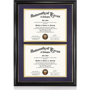 GraduationMall Double 8.5x11 Diploma Frame,Solid Wood & Tempered Glass,Black Finish with Gold Trim,Purple & Gold Mat