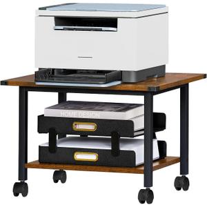 Lerliuo Under Desk Printer Stand, 2-Tier Industrial Mobile Printer Table with Storage Shelf and Steel Frame, Rolling Printer Cart Holder with Lockable Wheels for Home, Office (Rustic Brown)