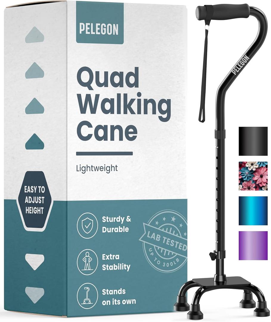 PELEGON Quad Cane (300 lb) - Adjustable Walking Cane with A Large 4 Pronged Base for Extra Balance & Stability, Walking Canes for Seniors, Walking Cane for Men & Women, Walking Sticks, Black