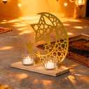 Gold Ramadan Decorations for Home, Star and Crescent Moon Silhouette Tealight Candle Holder with 2 Glass Votives, Wooden Tray Eid Mubarak Table Decor Centerpiece, Islamic Ramadan Kareem Gifts