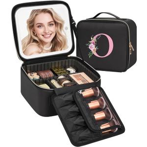 Relavel Initial Makeup Bag with LED Mirror for Women, Personalized Travel Cosmetic Organizer Train Case, Birthday Gifts for Teens Girls Grandkids Graduation Teacher Friends, Trendy Stuff, Black O