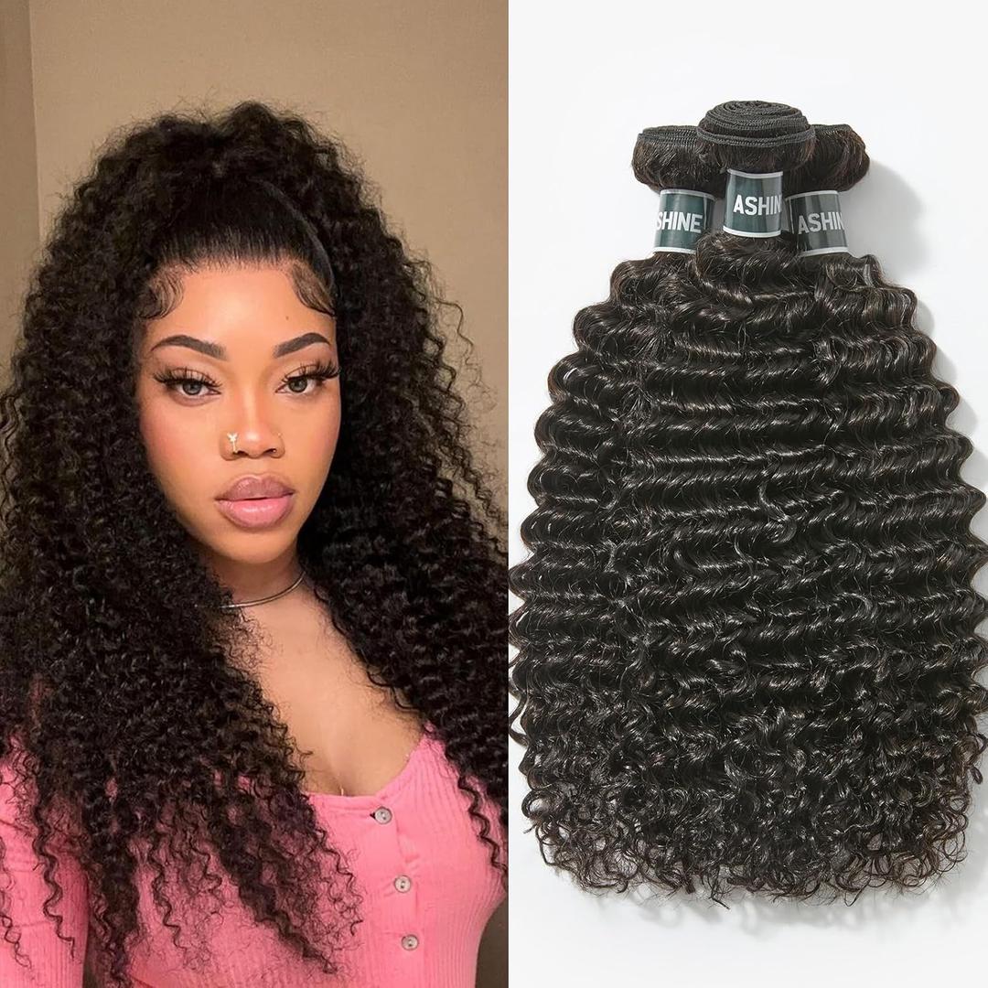 ASHINE Human Hair Bundles Deep Curly Water Wave, Unprocessed Cambodian Raw Hair 20 22 24 Inch, Flip Over Quick Weave Wet and Wave Bundles for Women Natural Black
