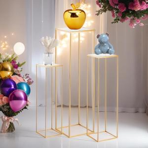 3pcs Gold Metal Plant Stand, Cylinder Pedestal Stands for Parties, Metal Plant Columns Pedestal Stands for Display, Square Cylinder Columns tables for Weddings Cake Stand Floor Plant Tables