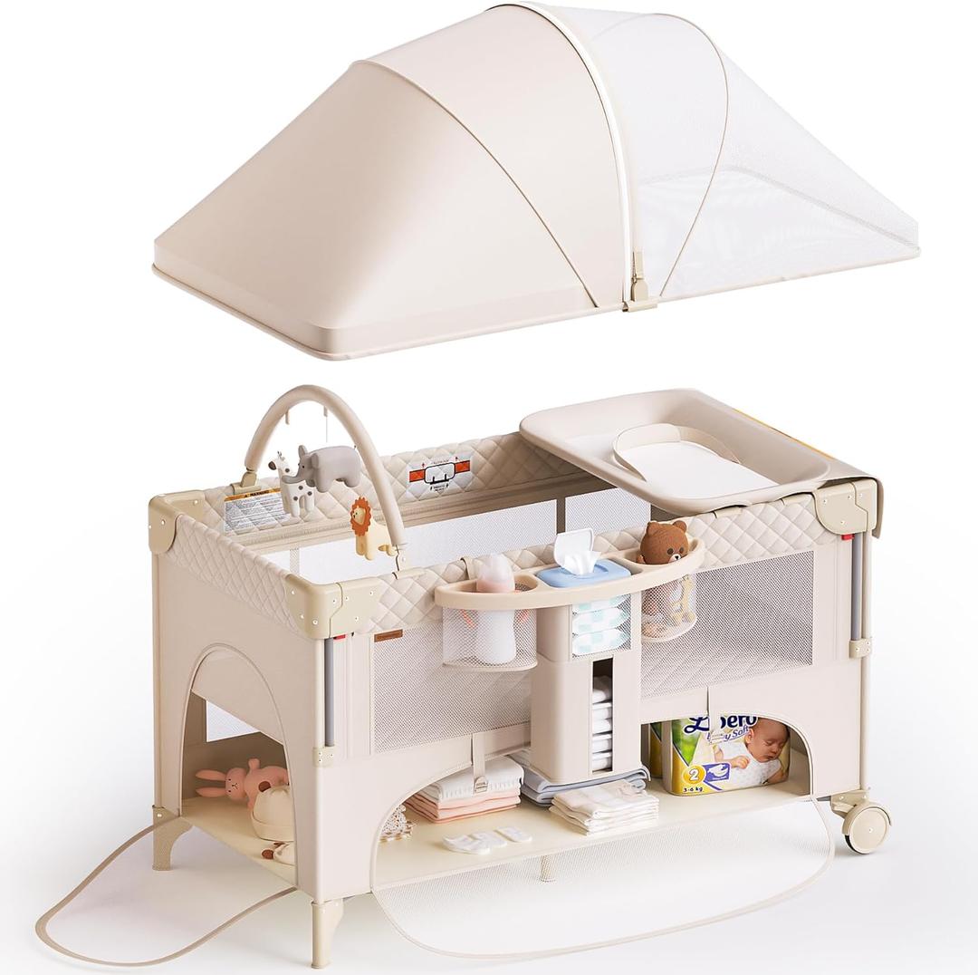 4 in 1 Baby Bassinet, Pack and Play, Bedside Crib Sleeper, Baby Bassinets Bedside Sleeper with Diaper Changer, Mosquito Net, Bottom Storage and Toy Bar for Newborn to Toddles (Beige)