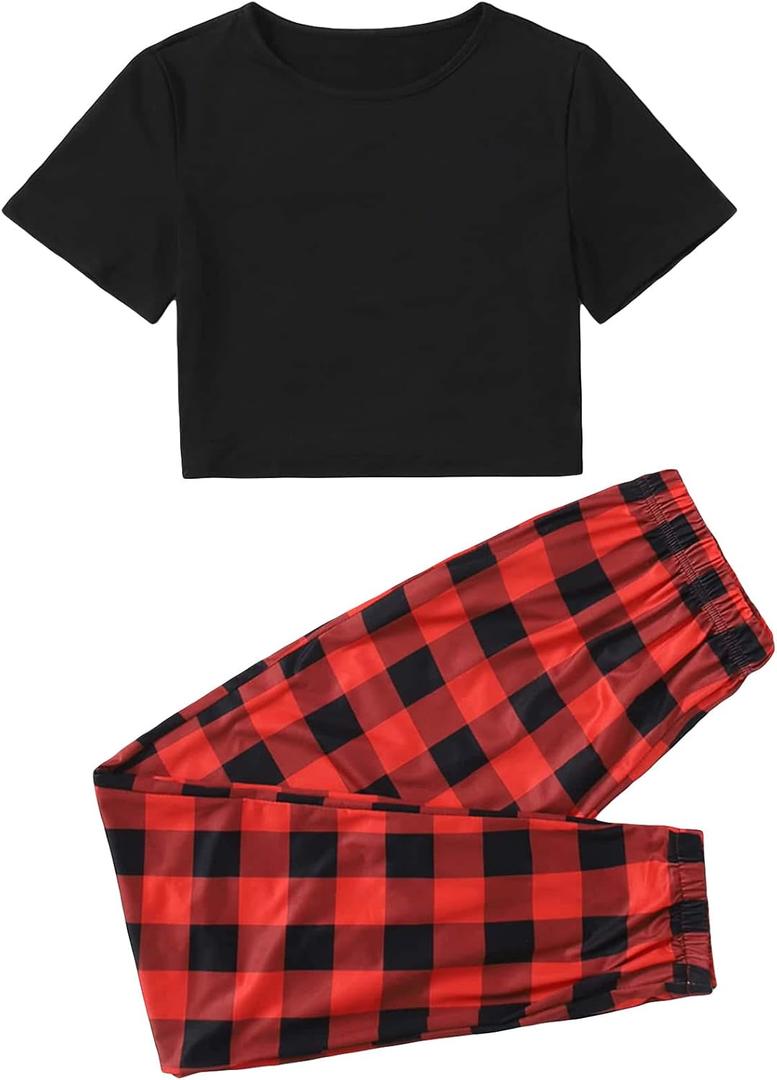 GORGLITTER Women's Preppy Pajamas Pjs Sets Crop Tee and Long Sweatpants Lounge Set (X-Small, Black and Red)