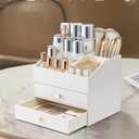 VLANDO Makeup Organizer for Vanity,Large Capacity Countertop Organizer with Drawers, PU Leather Cosmetic Display Case for Lipstick,Brushes,Skincare,Nail polish and Bedroom Storage (White)