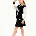 Girls 2 Piece Outfits Skirt Set Button Up Baseball Jacket With Pleated Skirt Set Preppy Fall Winter Clothes 3-12Years (Black)