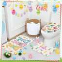 Teenyyou 4 Pcs Happy Easter Shower Curtains Set with Non Slip Rug Funny Rabbit Colorful Eggs Flower Bathroom Decor Toilet Lid Cover and Bath Mat Easter Eggs Shower Curtain with 12 Hooks