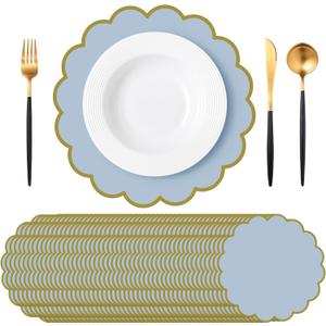 Tinlade 50 Pcs Paper Placemats, 13.5 Inch Disposable Scalloped Placemat, Decorative Round Table Place Mats for Birthday, Wedding, Bridal Shower, Baby Shower, Tea Party, Dining Tableware (Blue)