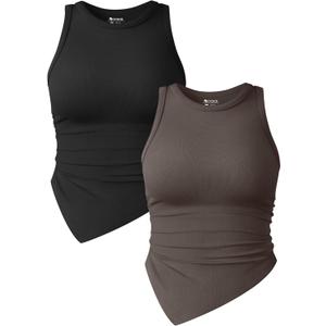 OQQ Women's 2 Piece Tank Tops Ruched Crew Neck Sleeveless Basic Stretch Tee Shirts (Black, Tea Leaf, S)
