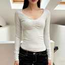 Women's Long Sleeve Slimming Tops Sexy Deep V-Neck Lace Trim Solid Color Short Shirt (M)