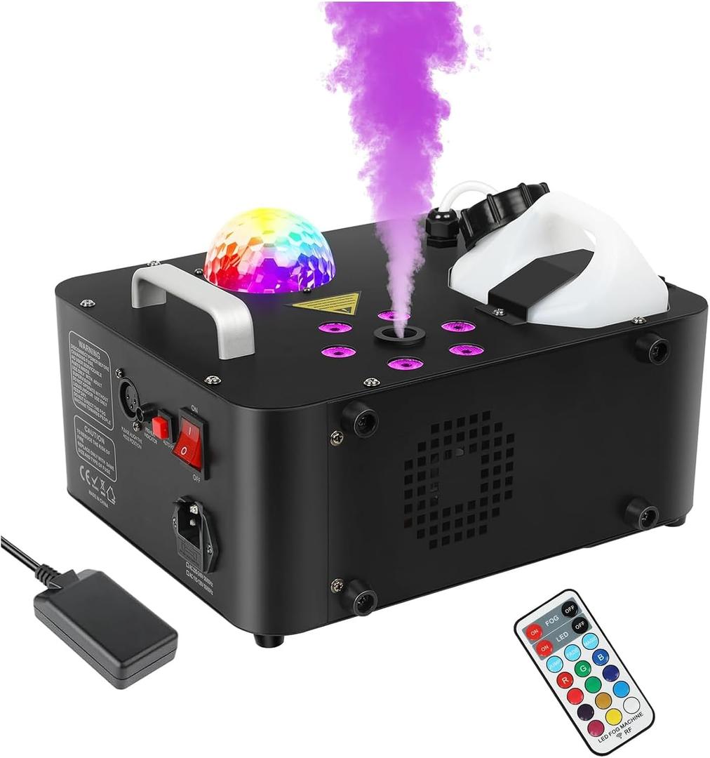 Fog Machine,1000W DJ Smoke Machine Maker with Disco Ball&6 RGB LED Lights Produce 30000 CFM Smoke Vertically or Horizontally by Remote Control for DJ Party Wedding Stage Show Lighting